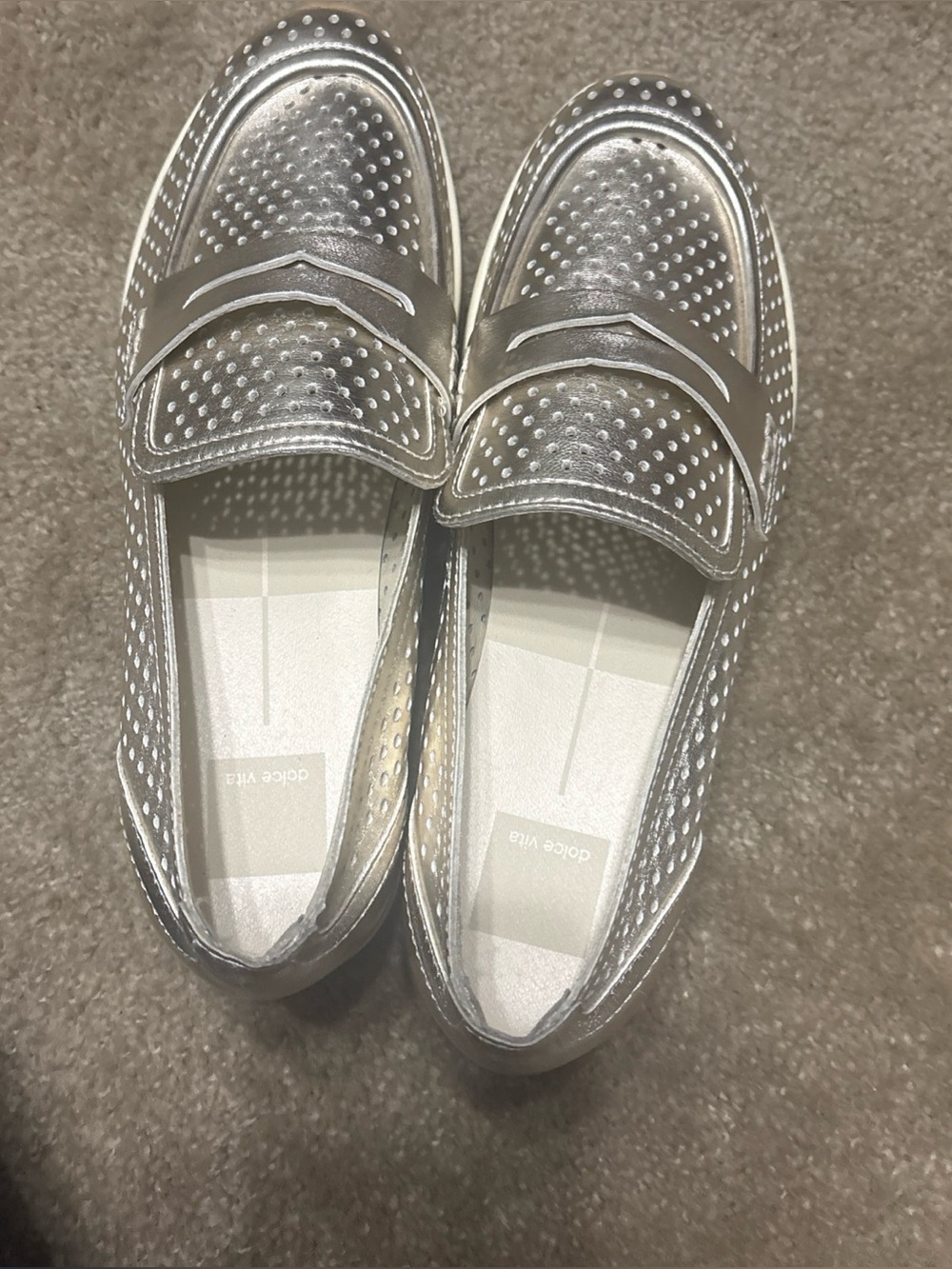 Dolce Vita Metallic Silver Perforated Penny Loafers - Women's